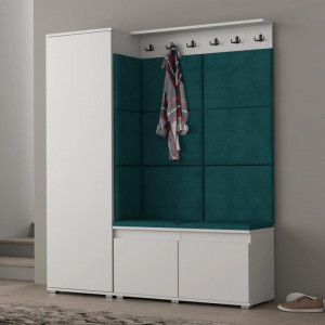 MBCUIA22 - Set Cuier hol, 154x37x177 cm - 6 agatatori haine, hol, pantofar - Alb cu tapiterie Verde / Gri / Albastra