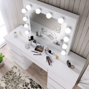 MBMT5 - Set Masa toaleta, 120 cm, cosmetica machiaj, masuta vanity, oglinda cu LED-uri - Alb sau Sonoma