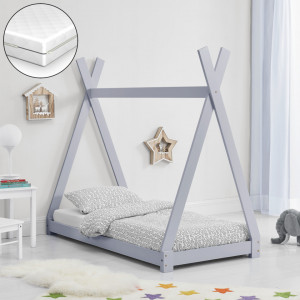 Pat copii cu saltea forma cort indian, gri deschis - P67666354
