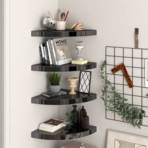 Rafturi colt perete, 4 buc., negru extralucios, 35x35x3,8 cm, MDF - V323912V