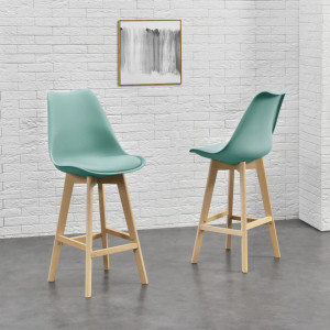 Scaune bar, set 4 buc, plastic/imitatie piele/lemn, verde - P74694642