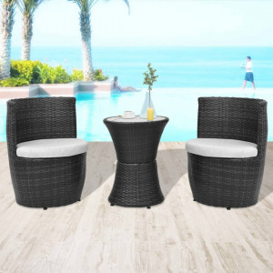 Set mobilier bistro cu perne, 3 piese, negru, poliratan - V43112V