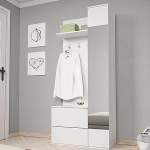 Cuier pentru hol, alb, cu oglinda, 90x195x34 cm - TP238804
