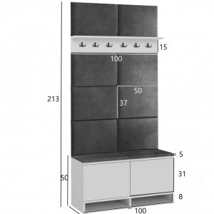 MBCUIA1 - Set Cuier hol, 100x37x213 cm - 6 agatatori haine, hol, pantofar - Alb cu tapiterie Albastra/Verde/Gri