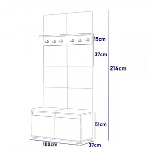 MBCUIA19 - Set Cuier hol, 100x37x214 cm - 3 agatatori haine, hol, pantofar - Alb cu tapiterie Albastra / Gri / Verde