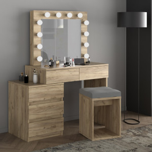 MBMTAR12 - Set Masa toaleta, 112 cm, cosmetica machiaj, masuta vanity, oglinda cu LED-uri - Culoare Stejar
