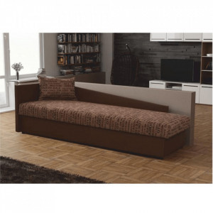Pat cu spaţiu pentru depozitare, versiune de stânga, piele eco maro+material cu imprimeu, 205x63x84 cm - TP186816