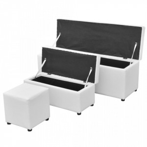 Set banci depozitare si taburet 3 piese, piele artificiala, alb - V241107V