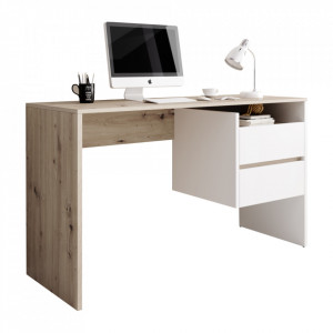 Birou, măsuţă, masă PC, alb şi stejar, 125 cm - TP269208