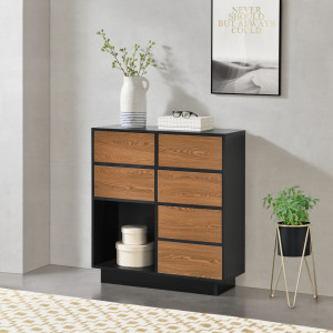 Comoda cu 6 usi Push-Open negru/efect lemn nuanta inchisa - P76686981