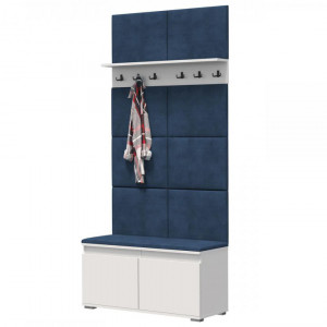 MBCUIA19 - Set Cuier hol, 100x37x214 cm - 3 agatatori haine, hol, pantofar - Alb cu tapiterie Albastra / Gri / Verde