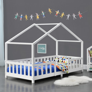 Pat copii design casuta, 90 x 200 cm, lemn alb mat - P71303286