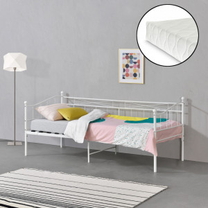 Pat rama metalica cu saltea 200 x 90 x 16 cm, alb mat - P76645976