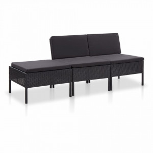 Set mobilier de gradina cu perne, 3 piese, negru, poliratan - V48957V