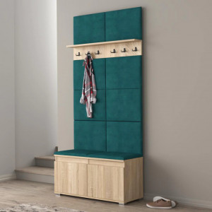 MBCUIS14 - Set Cuier hol, 100x37x214 cm - 3 agatatori haine, hol, pantofar - Sonoma cu tapiterie Verde / Gri / Albastra