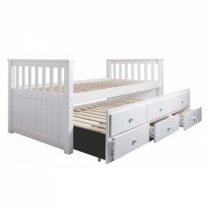 Pat dublu copii cu spaţiu de depozitare, lemn de pin și MDF, alb - TP240365