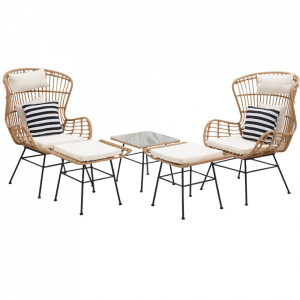 Set de grădină din ratan cu 5 piese, 1 măsuţă, 2 fotolii şi 2 tabureţi, maro - TP278681