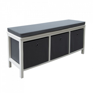 Bancă, băncuţă cu 3 sertare, alb si gri, 103 cm - TP286608