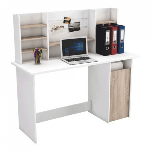 Birou, măsuţă, masă PC cu rafturi, alb şi stejar, 134 cm - TP302141