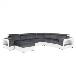 colţar în formă de U, piele ecologică albă/material textil gri, model stânga, 330x80/100x183/264 cm - TP209588