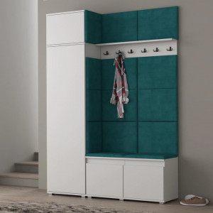 MBCUIA2 - Set Cuier hol, 154x37x214 cm - 6 agatatori haine, hol, pantofar - Alb cu tapiterie Gri / Verde / Albastra