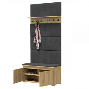 MBCUIAR14 - Set Cuier hol, 100x37x214 cm - 3 agatatori haine, hol, pantofar - culoarea Stejar cu tapiterie Gri / Verde / Albastra