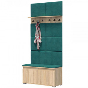 MBCUIS14 - Set Cuier hol, 100x37x214 cm - 3 agatatori haine, hol, pantofar - Sonoma cu tapiterie Verde / Gri / Albastra