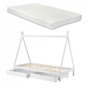 Pat copii cu saltea si 2 sertare pe roti, brad, alb - P69871668