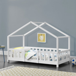 Pat copii design casuta 80 x 160 cm, lemn alb mat - P71303284