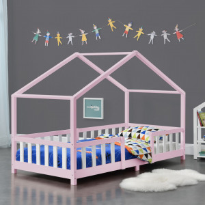 Pat copii design casuta, 90 x 200 cm, lemn, roz/alb - P76948100