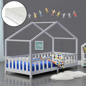 Pat copii design casuta cu saltea si somiera 90 x 200 cm, gri/alb - P76948105