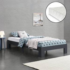 Pat rama lemn, 120 x 200 cm, 150 Kg, gri inchis mat, pentru 2 persoane, cu saltea si somiera - P72612715