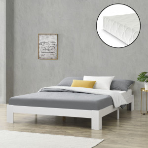 Pat rama lemn 140 x 200 cm, 150 Kg, alb mat, pentru 2 persoane, cu saltea si somiera - P72612717