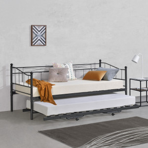 Pat rama metalica cu pat suplimentar pe 4 roti, negru mat - P76409371