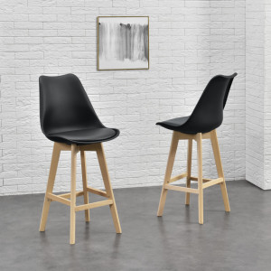 Scaune bar, set 4 buc, plastic/imitatie piele/lemn, negru - P74694636