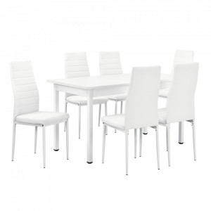 Set masa cu 6 scaune imitatie de piele, alb - P53897507