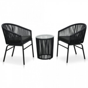 Set mobilier de bistro cu perne, 3 piese, negru, ratan PVC - V48138V
