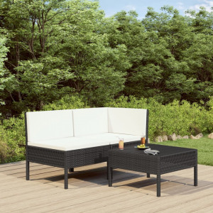 Set mobilier de gradina cu perne, 3 piese, negru, poliratan - V310186V