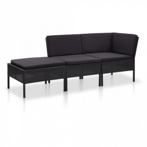 Set mobilier de gradina cu perne, 3 piese, negru, poliratan - V48961V