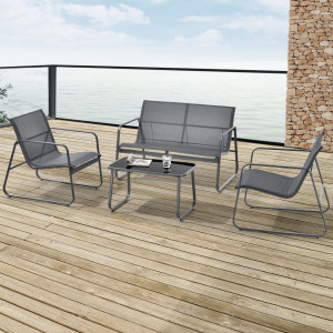 Set mobilier gradina, masa 2 scaune, banca, gri inchis/negru - P74678424