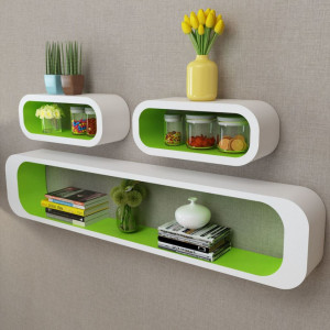 3 Rafturi cub suspendate perete, depozitare carti/DVD, MDF alb-verde - V242163V