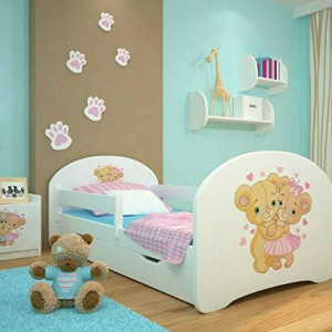 AMPA1 - Pat copii 80 x 160 cm cu sertar, bare protectie si saltea, pentru fetite - Alb