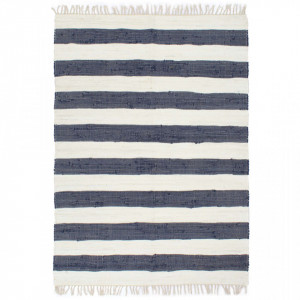 Covor Chindi tesut manual, albastru si alb, 200x290 cm, bumbac - V133912V