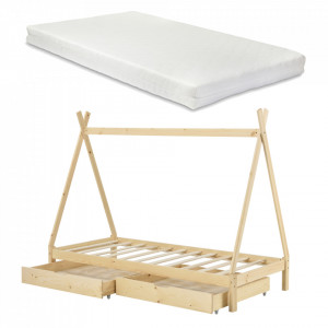 Pat copii cu saltea si 2 sertare pe roti, brad, culoarea lemnului natur - P69871667