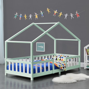 Pat copii design casuta, 90 x 200 cm, lemn, verde/alb - P76948101