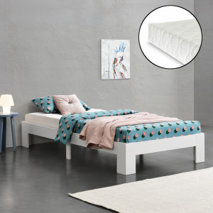 Pat rama lemn 120 x 200 cm, 150 Kg, alb mat, pentru 2 persoane, cu saltea si somiera - P72612714