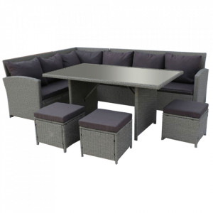 Set de grădină din ratan cu 5 piese, 1 măsuţă, 1 colţar şi 3 tabureţi, gri - TP277432