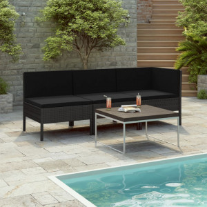 Set mobilier de gradina cu perne, 3 piese, negru, poliratan - V310203V