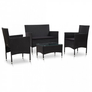 Set mobilier de gradina cu perne, 4 piese, negru, poliratan - V45813V