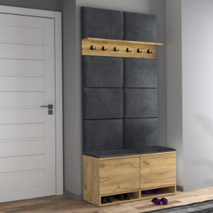 MBCUIAR1 - Set Cuier hol, 100x37x213 cm - 6 agatatori haine, hol, pantofar - culoarea Stejar, cu tapiterie: Verde inchis / Turcoaz / Albastru / Gri